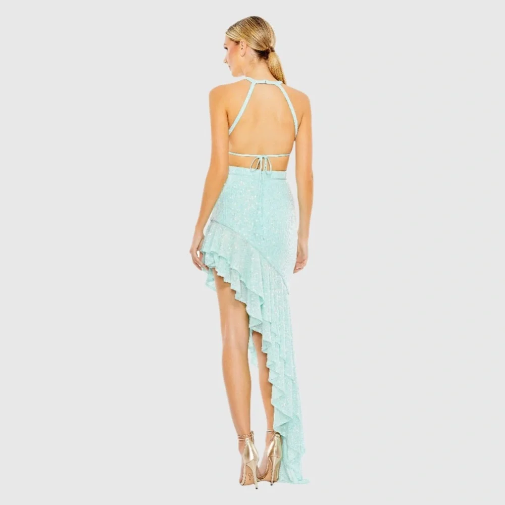 NWT $298 MAC DUGGAL Blue Sequined Halter Cut Out Ruffle Asymmetrical Dress Gown - Picture 4 of 5